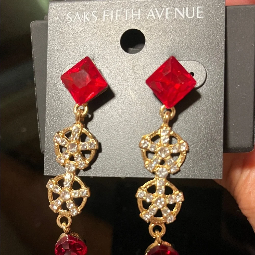 Saks Fifth Avenue Ruby Red and Gold Drop Earrings - Picture 1 of 1